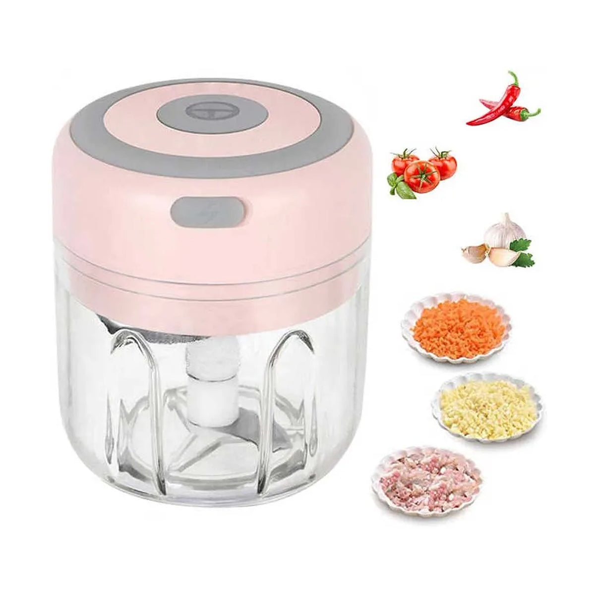 Mini tritatutto portatile senza fili rosa con contenitore trasparente