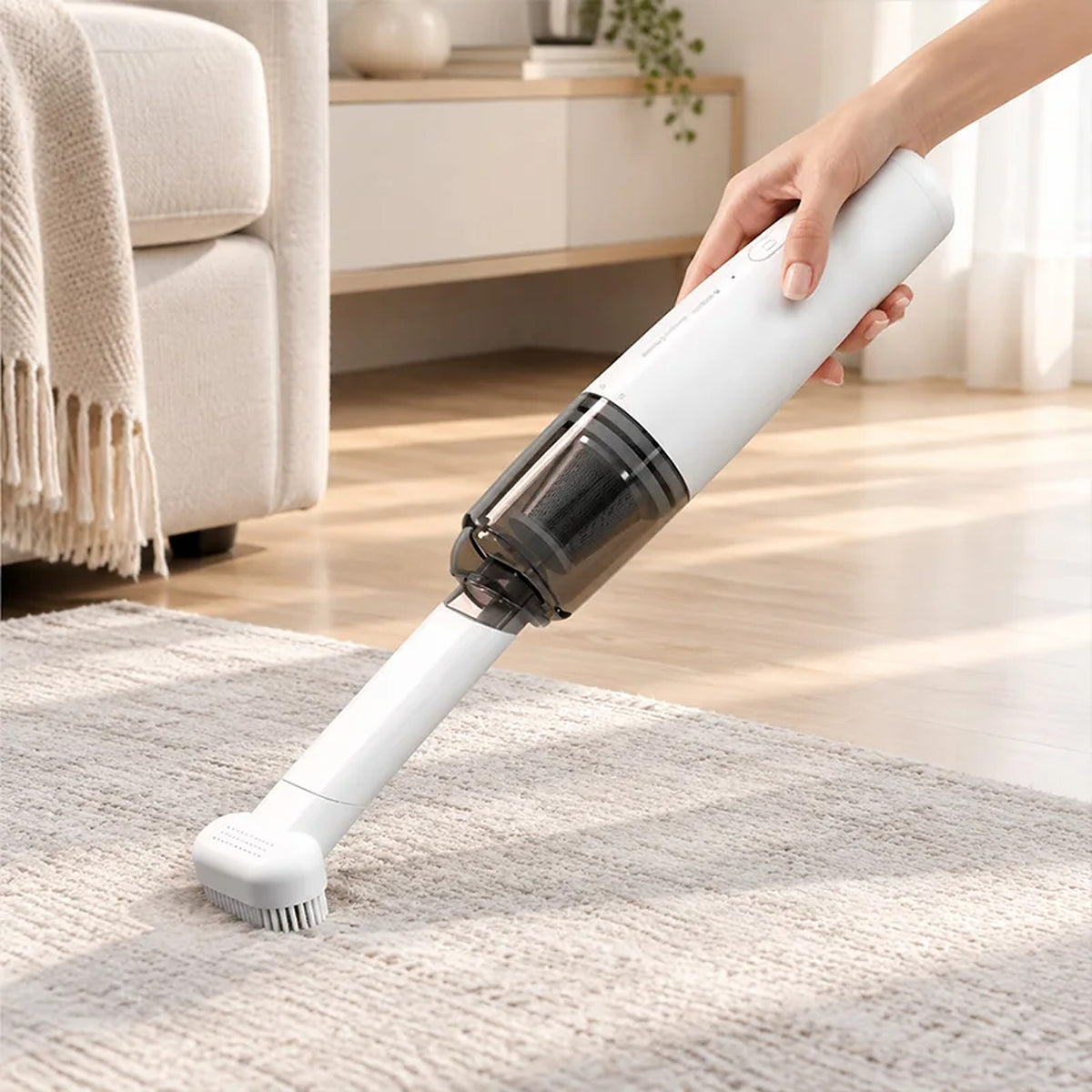 Aspirapolvere portatile bianco 2 in 1 con contenitore trasparente e bocchetta con spazzola