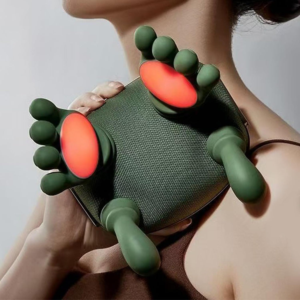 Massaggiatore per collo e spalle verde scuro con testine a forma di mano e fascia