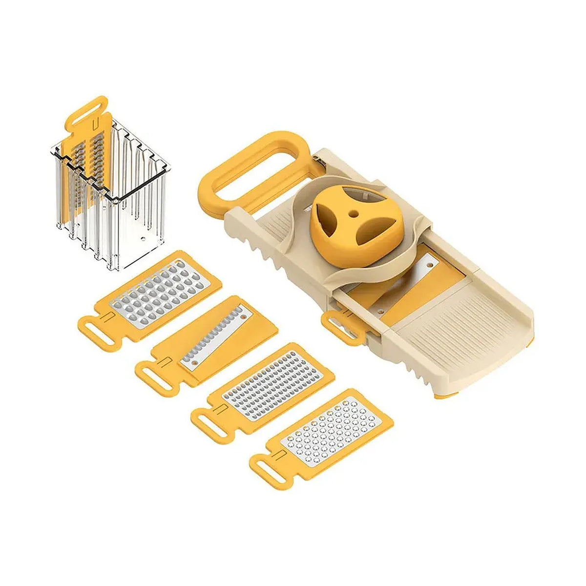 Grattugia pieghevole 6 in 1 color crema e giallo con sei lame intercambiabili e porta lame