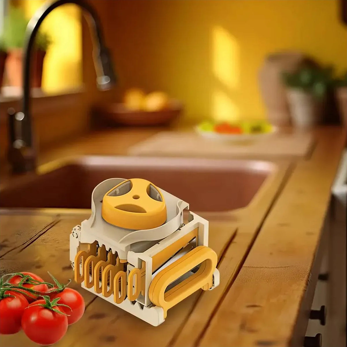 Grattugia pieghevole 6 in 1 color crema e giallo con sei lame intercambiabili e porta lame