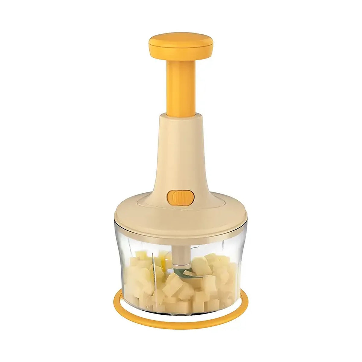 Tritatutto a pressione color crema e giallo con ciotola trasparente, lama, mescolatore e cestello