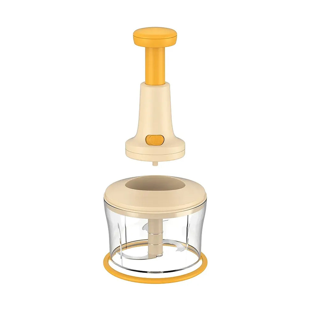 Tritatutto a pressione color crema e giallo con ciotola trasparente, lama, mescolatore e cestello