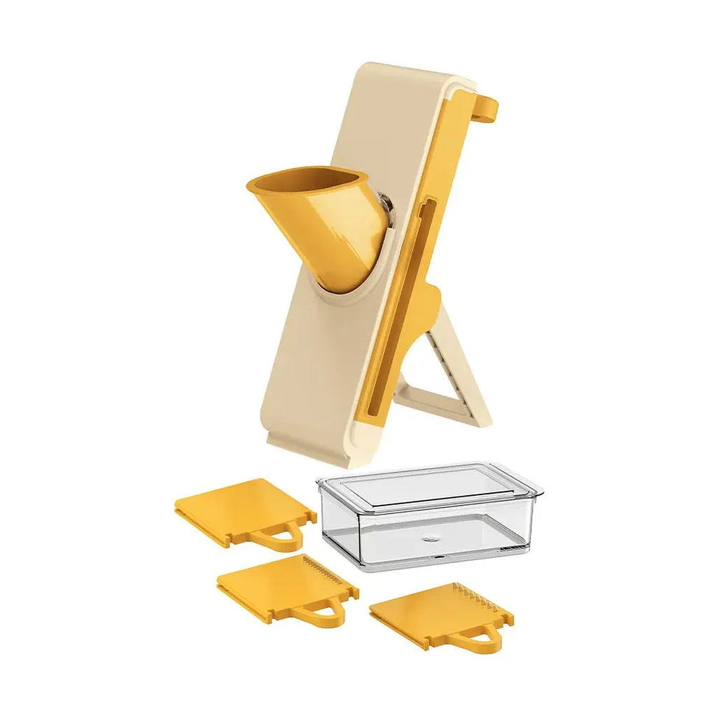 Affettaverdure verticale 4 in 1 color crema e giallo con imbuto, tre lame e contenitore trasparente