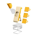Affettaverdure verticale 4 in 1 color crema e giallo con imbuto, tre lame e contenitore trasparente
