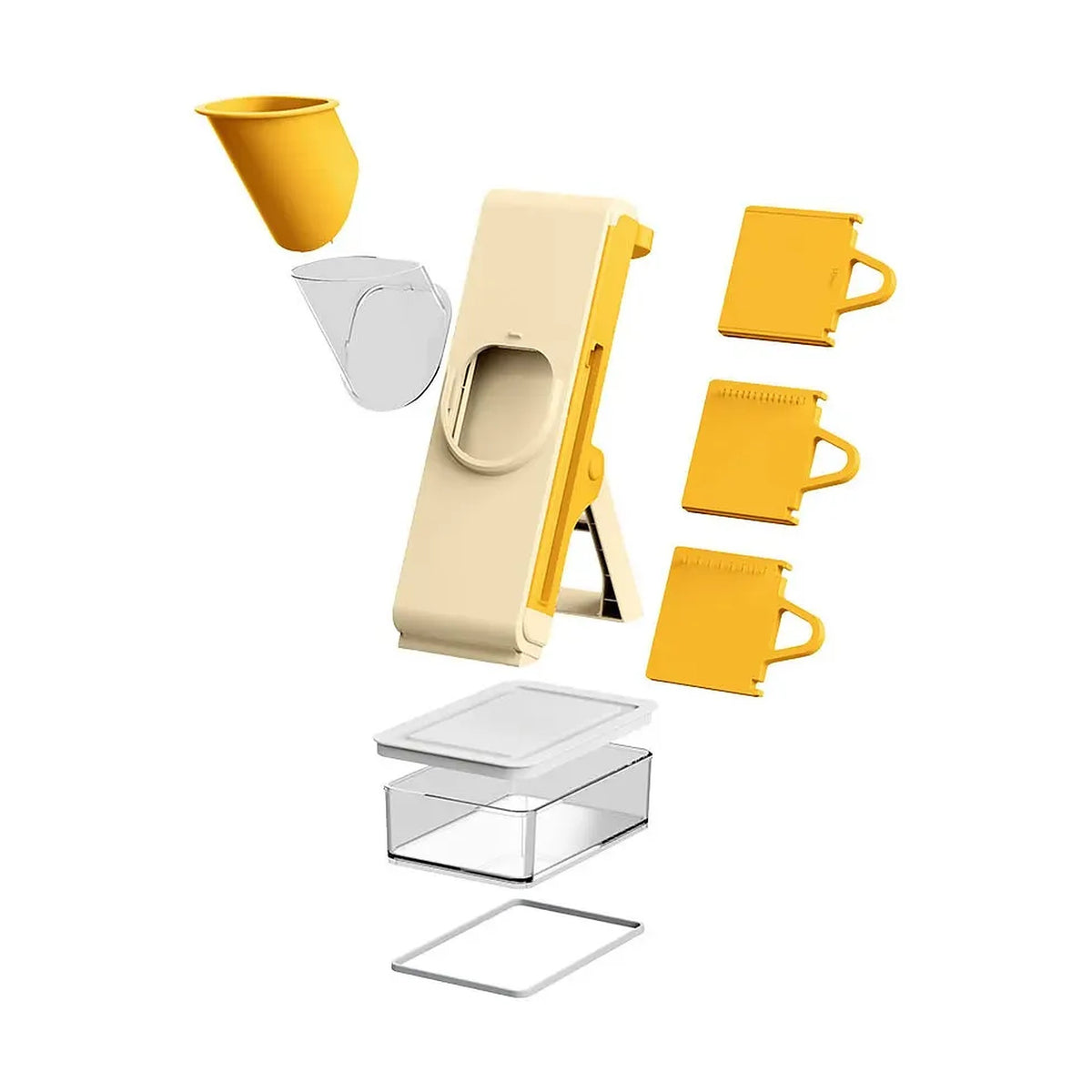Affettaverdure verticale 4 in 1 color crema e giallo con imbuto, tre lame e contenitore trasparente