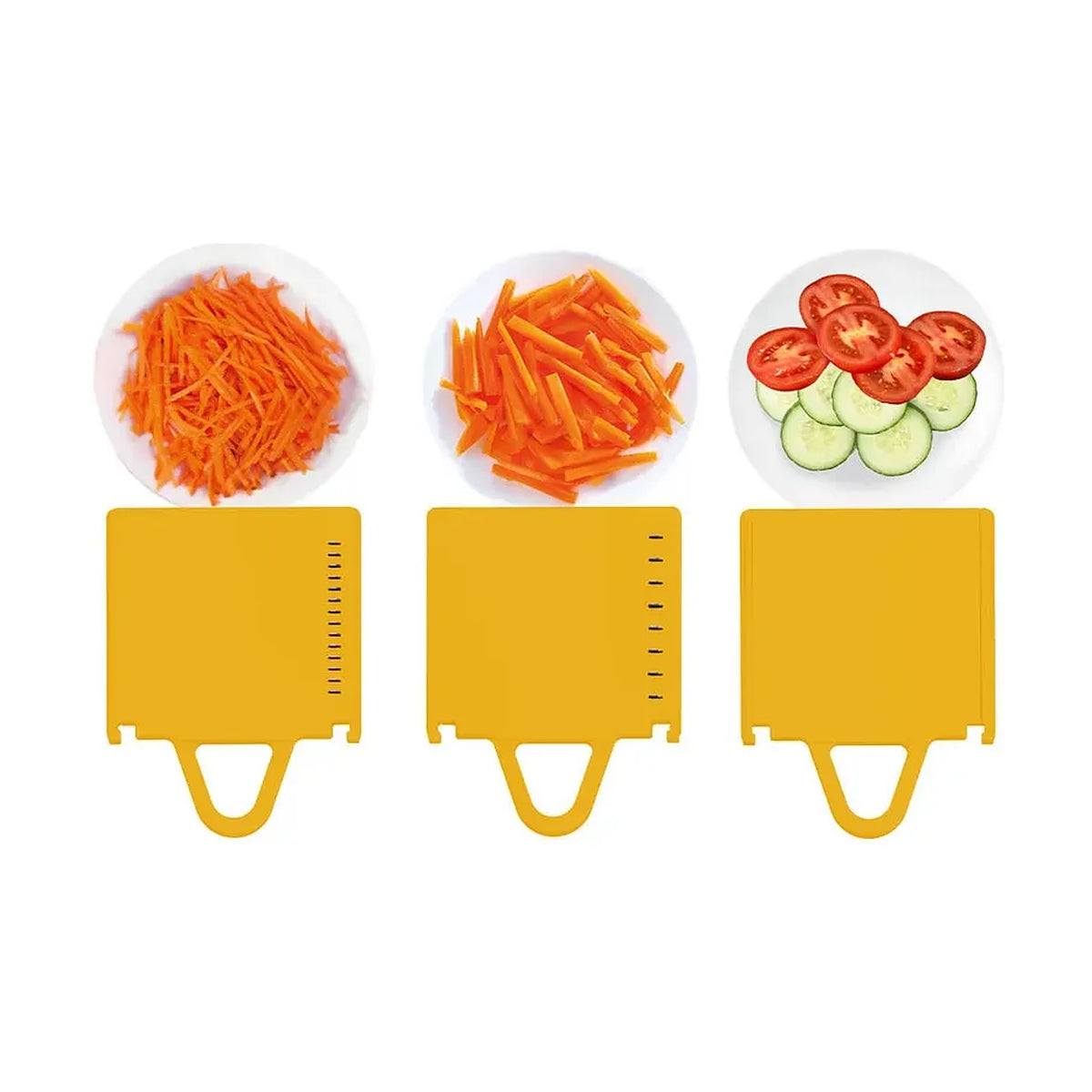 Affettaverdure verticale 4 in 1 color crema e giallo con imbuto, tre lame e contenitore trasparente